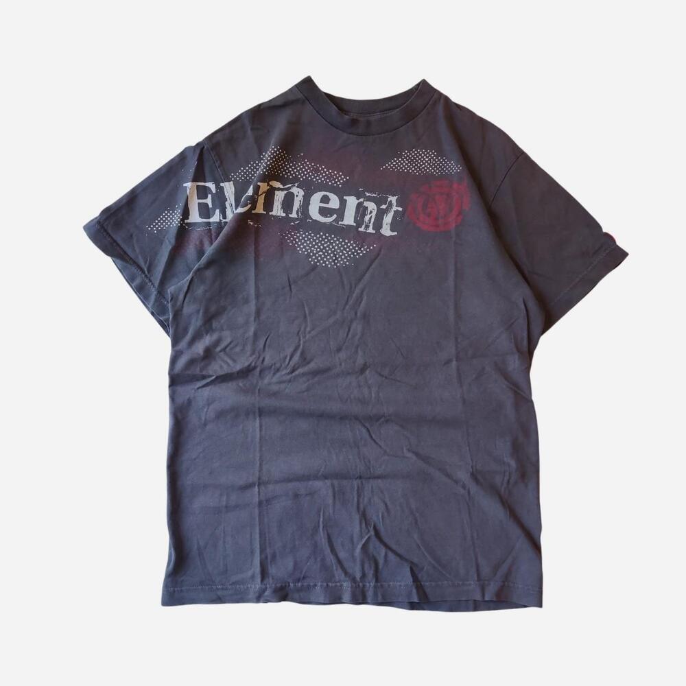 Y2K Element Skateboards brown t-shirt with white 'Element' text and red rose gra